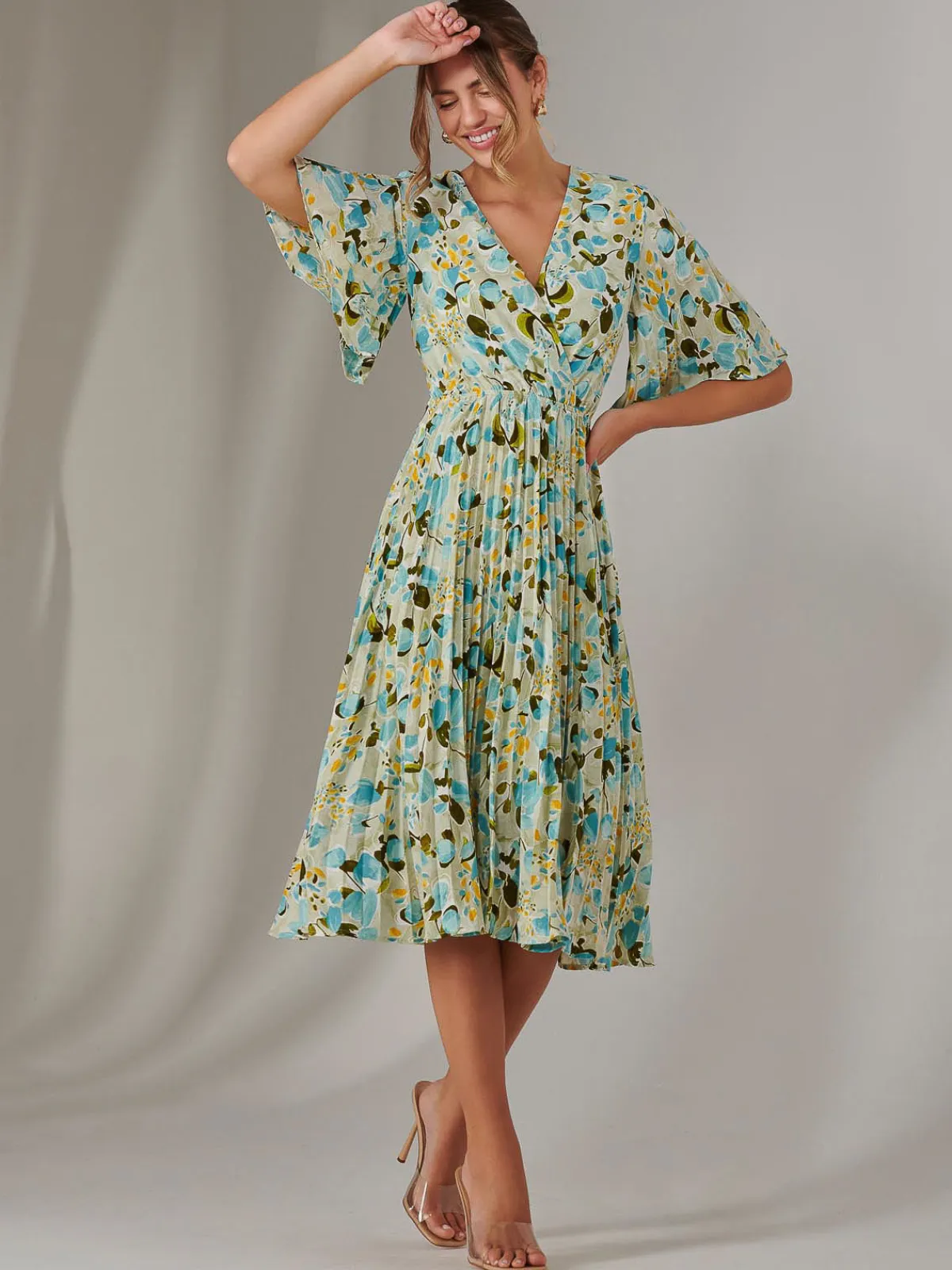 Jolie Moi Occasion Dresses|Floral Dresses-Pleated Wrap Midi Dress, Blue Floral