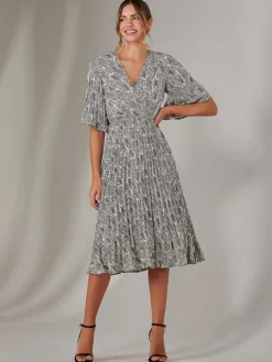 Jolie Moi Occasion Dresses|Office Dresses-Pleated Wrap Midi Dress, Cream/Black