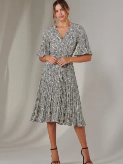 Jolie Moi Occasion Dresses|Office Dresses-Pleated Wrap Midi Dress, Cream/Black