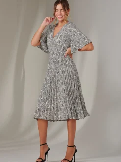 Jolie Moi Occasion Dresses|Office Dresses-Pleated Wrap Midi Dress, Cream/Black