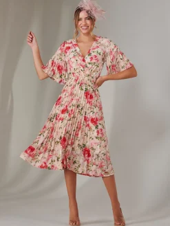 Jolie Moi Occasion Dresses|Floral Dresses-Pleated Wrap Midi Dress, Pink Floral
