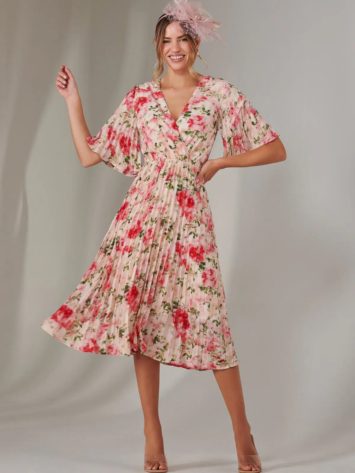Jolie Moi Occasion Dresses|Floral Dresses-Pleated Wrap Midi Dress, Pink Floral