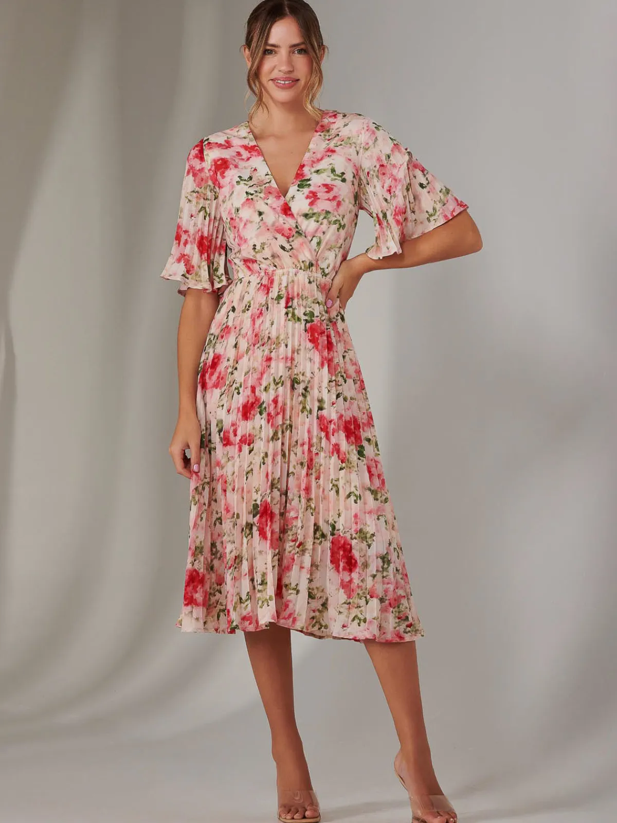 Jolie Moi Occasion Dresses|Floral Dresses-Pleated Wrap Midi Dress, Pink Floral