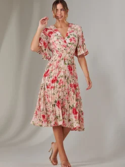 Jolie Moi Occasion Dresses|Floral Dresses-Pleated Wrap Midi Dress, Pink Floral