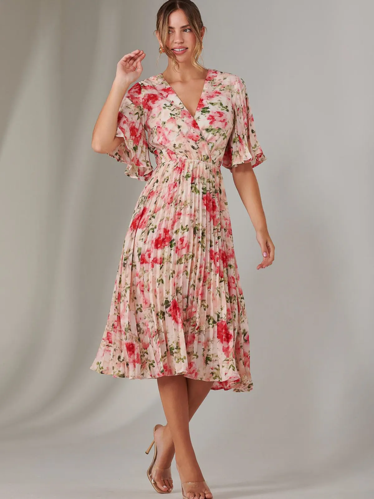 Jolie Moi Occasion Dresses|Floral Dresses-Pleated Wrap Midi Dress, Pink Floral
