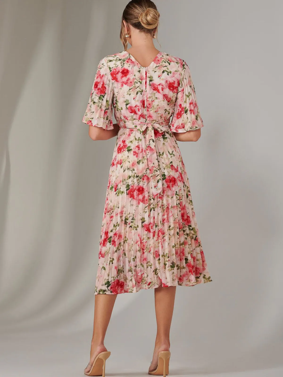 Jolie Moi Occasion Dresses|Floral Dresses-Pleated Wrap Midi Dress, Pink Floral