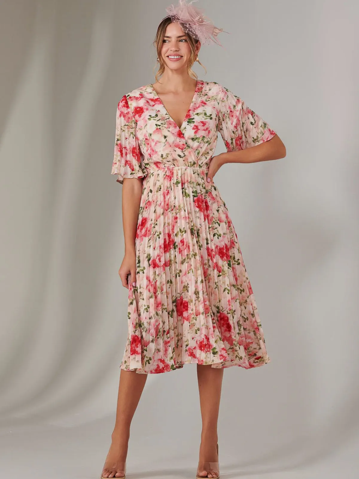 Jolie Moi Occasion Dresses|Floral Dresses-Pleated Wrap Midi Dress, Pink Floral