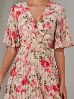 Jolie Moi Occasion Dresses|Floral Dresses-Pleated Wrap Midi Dress, Pink Floral