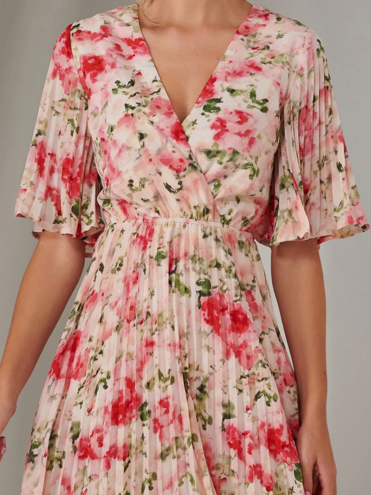 Jolie Moi Occasion Dresses|Floral Dresses-Pleated Wrap Midi Dress, Pink Floral