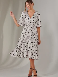 Jolie Moi Occasion Dresses|Midi Dresses-Pleated Wrap Midi Dress, White Polka Dot