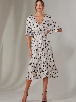 Jolie Moi Occasion Dresses|Midi Dresses-Pleated Wrap Midi Dress, White Polka Dot