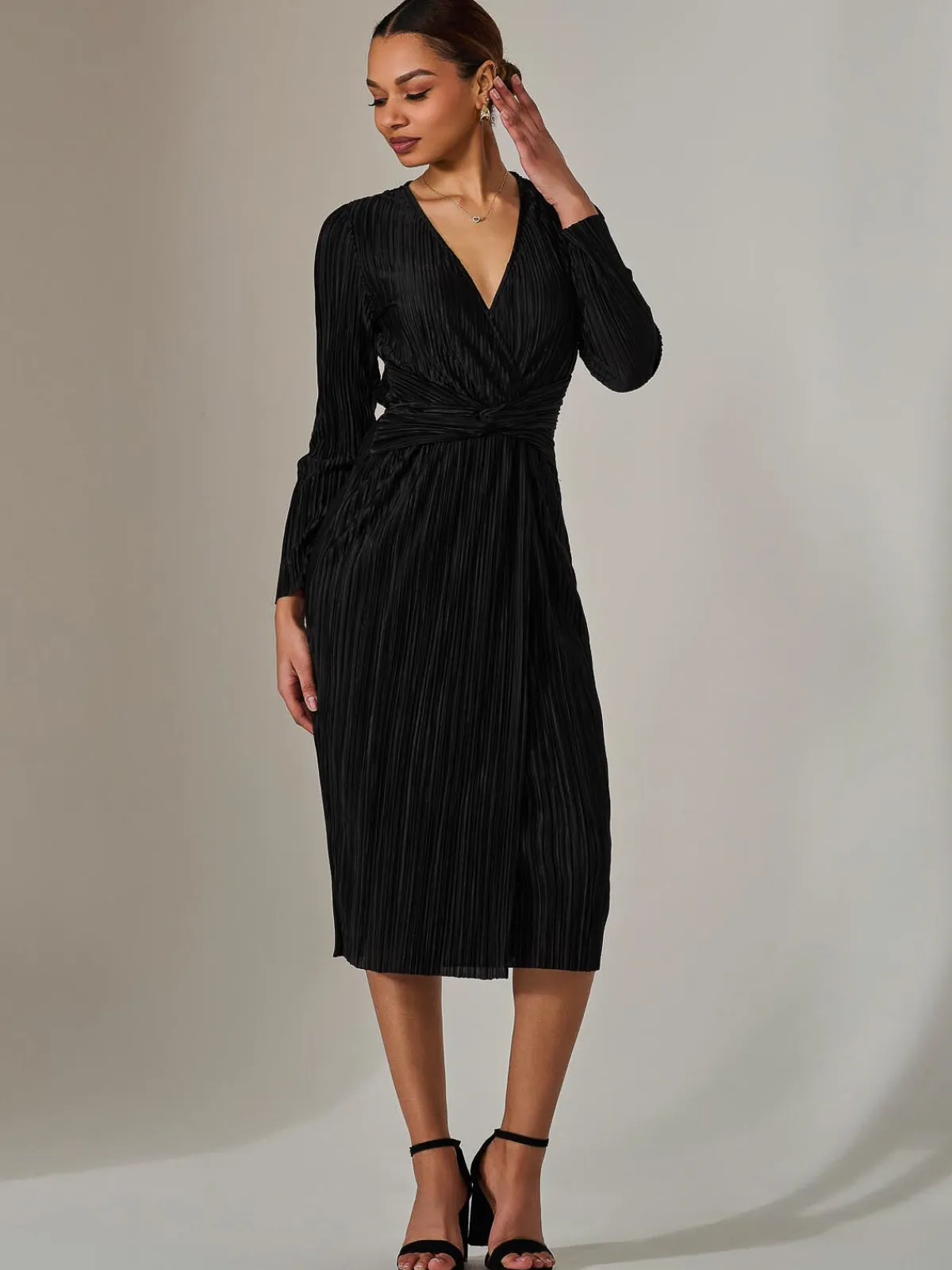 Jolie Moi Occasion Dresses|Midi Dresses-Plisse Long Sleeve Midi Dress, Black