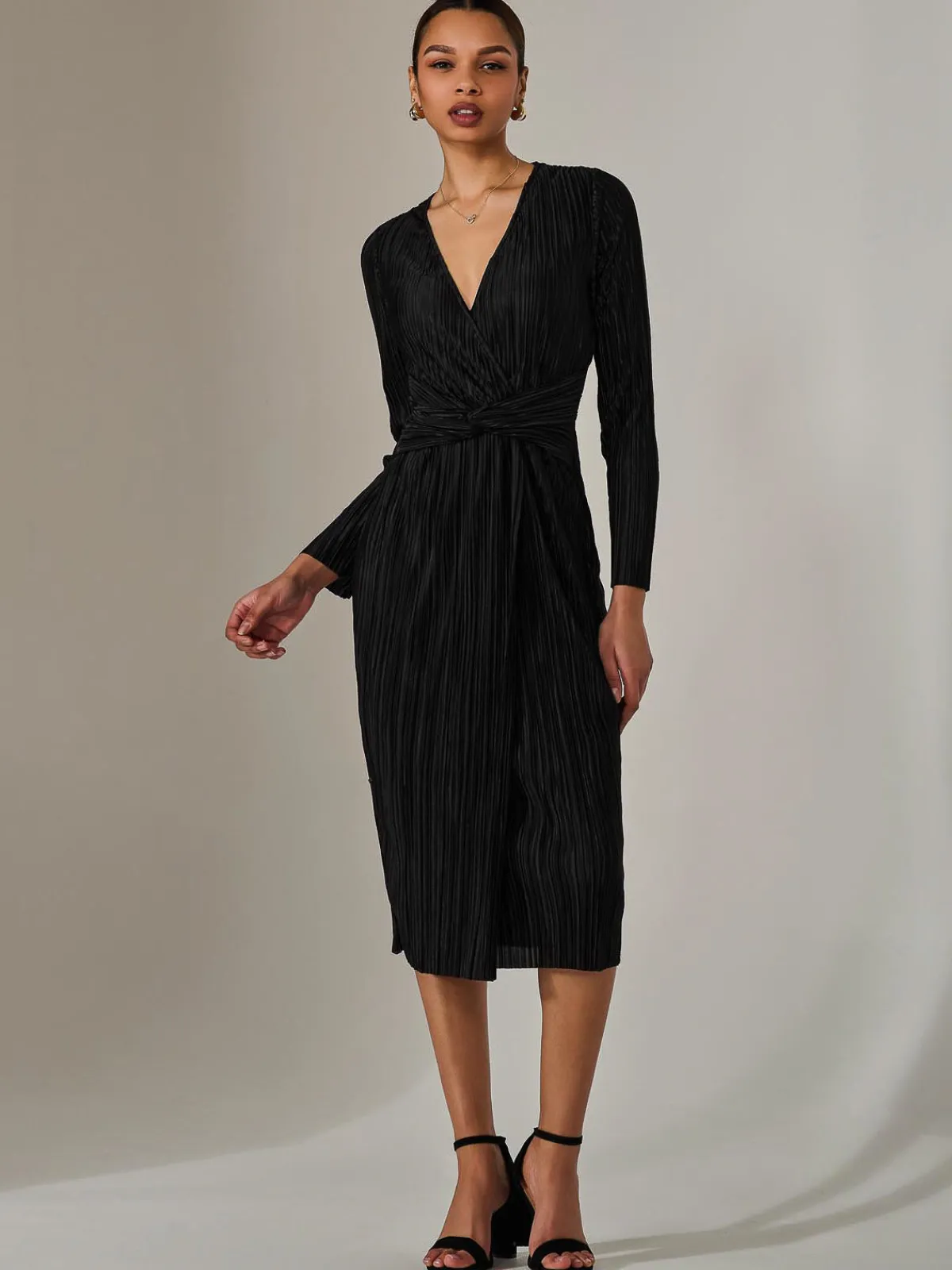 Jolie Moi Occasion Dresses|Midi Dresses-Plisse Long Sleeve Midi Dress, Black