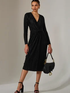 Jolie Moi Occasion Dresses|Midi Dresses-Plisse Long Sleeve Midi Dress, Black