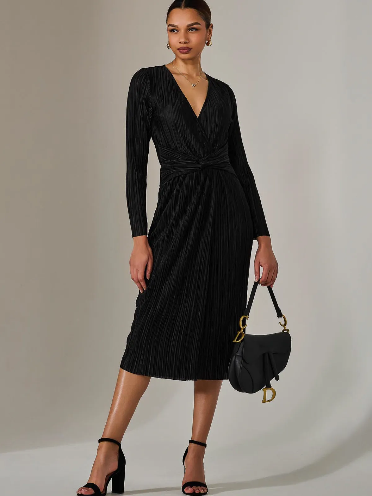 Jolie Moi Occasion Dresses|Midi Dresses-Plisse Long Sleeve Midi Dress, Black