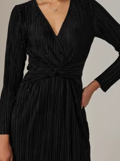 Jolie Moi Occasion Dresses|Midi Dresses-Plisse Long Sleeve Midi Dress, Black