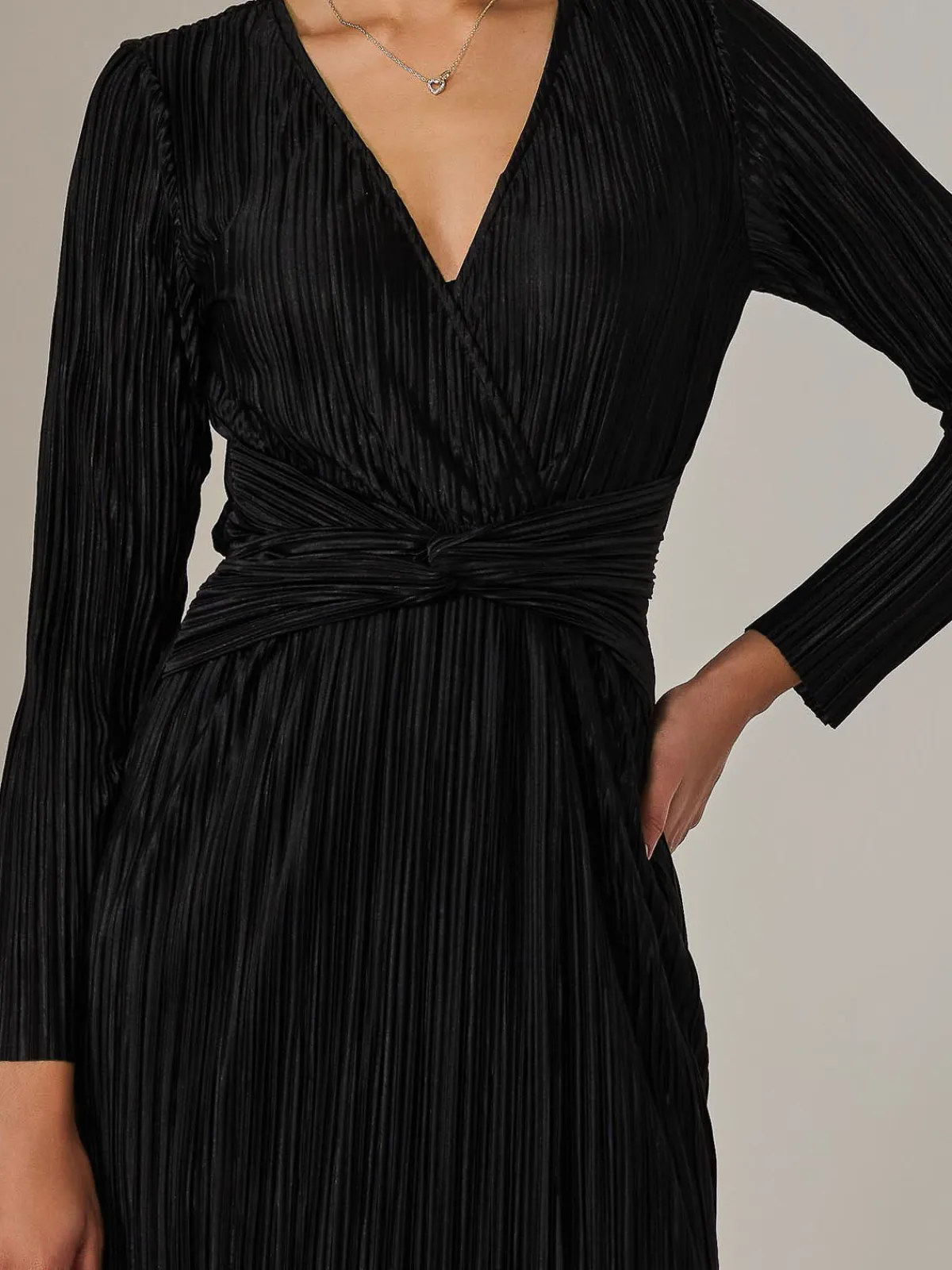 Jolie Moi Occasion Dresses|Midi Dresses-Plisse Long Sleeve Midi Dress, Black