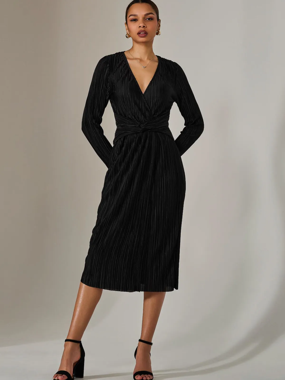Jolie Moi Occasion Dresses|Midi Dresses-Plisse Long Sleeve Midi Dress, Black
