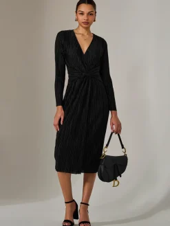 Jolie Moi Occasion Dresses|Midi Dresses-Plisse Long Sleeve Midi Dress, Black