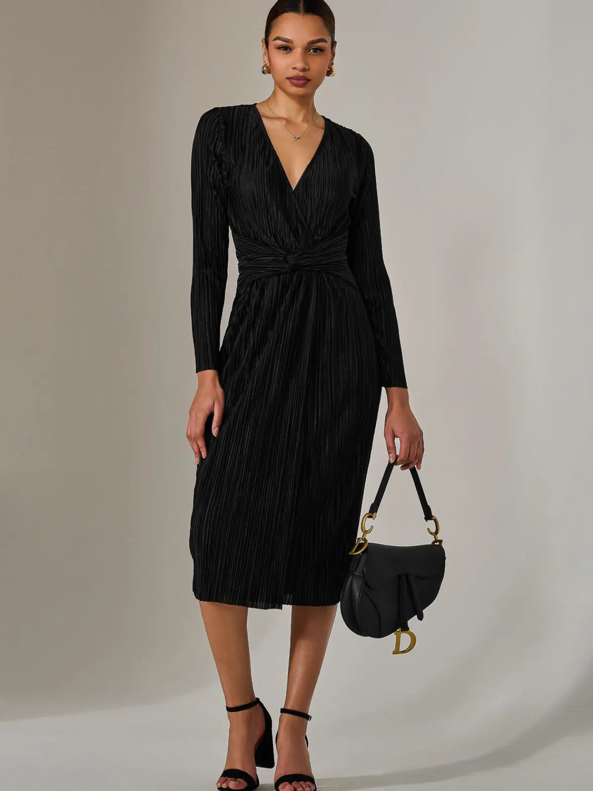 Jolie Moi Occasion Dresses|Midi Dresses-Plisse Long Sleeve Midi Dress, Black