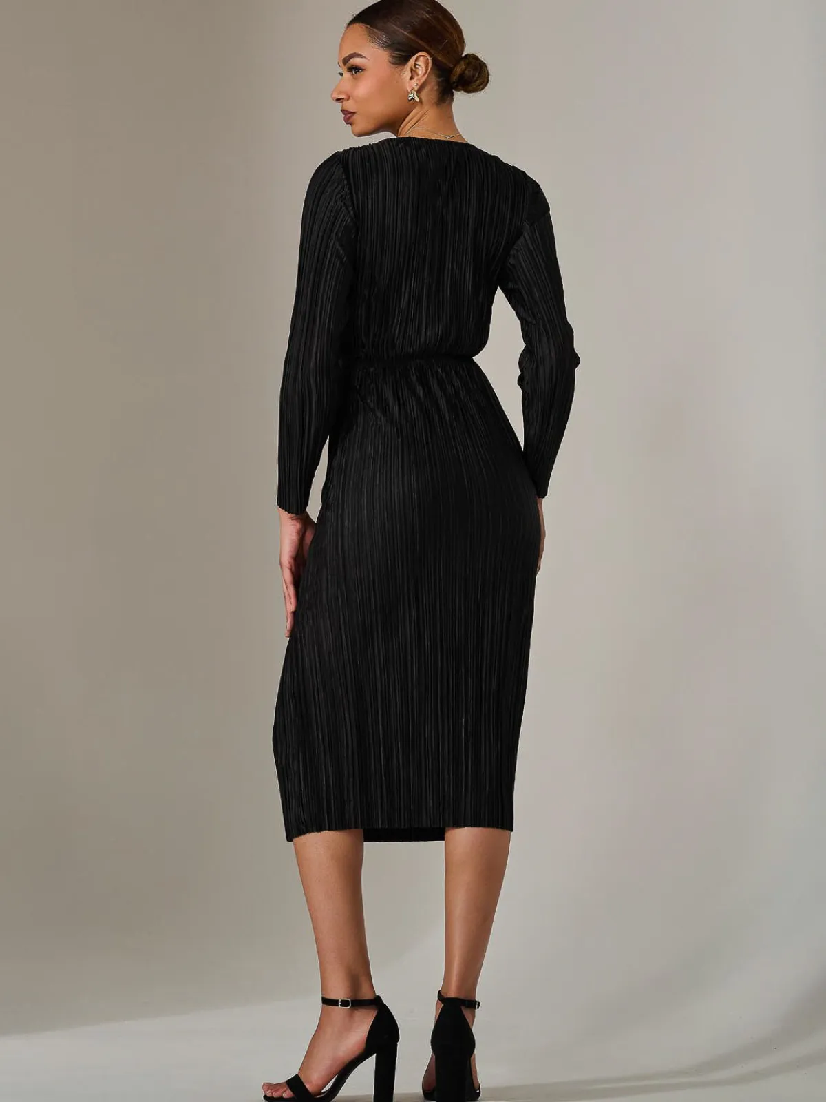 Jolie Moi Occasion Dresses|Midi Dresses-Plisse Long Sleeve Midi Dress, Black