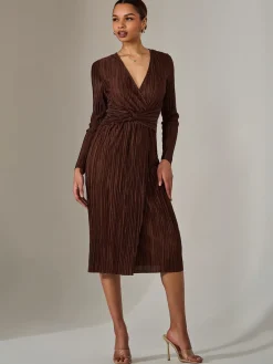 Jolie Moi Occasion Dresses|Midi Dresses-Plisse Long Sleeve Midi Dress, Brown