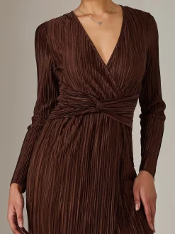 Jolie Moi Occasion Dresses|Midi Dresses-Plisse Long Sleeve Midi Dress, Brown