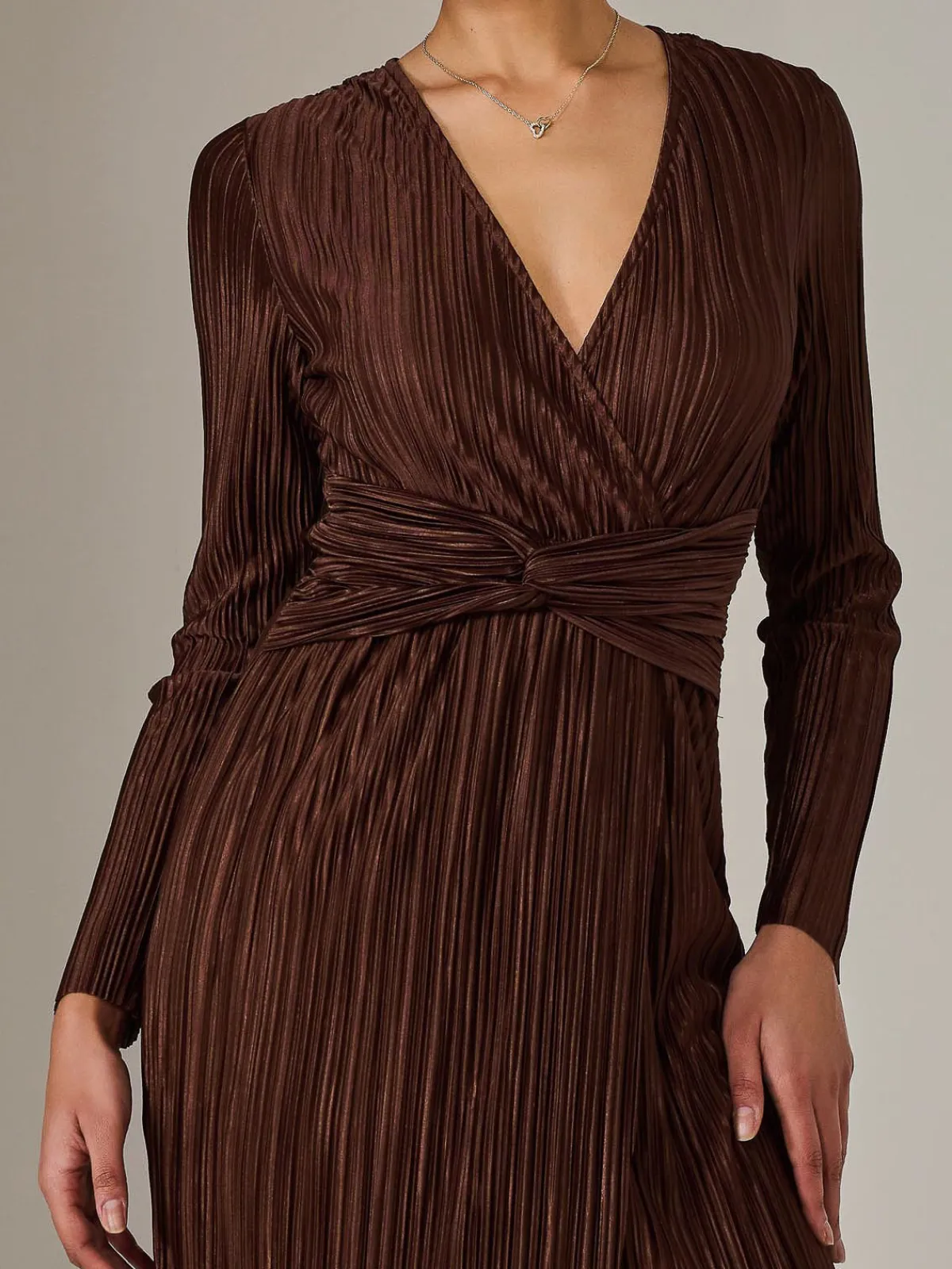 Jolie Moi Occasion Dresses|Midi Dresses-Plisse Long Sleeve Midi Dress, Brown