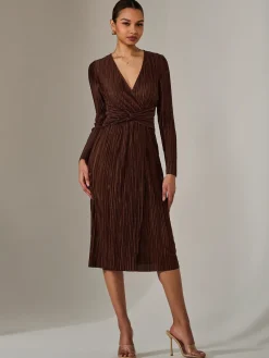 Jolie Moi Occasion Dresses|Midi Dresses-Plisse Long Sleeve Midi Dress, Brown