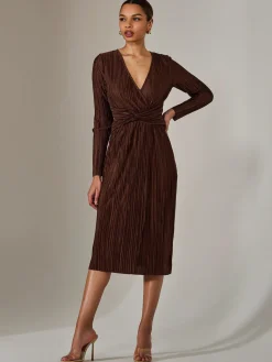 Jolie Moi Occasion Dresses|Midi Dresses-Plisse Long Sleeve Midi Dress, Brown