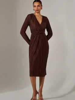 Jolie Moi Occasion Dresses|Midi Dresses-Plisse Long Sleeve Midi Dress, Brown