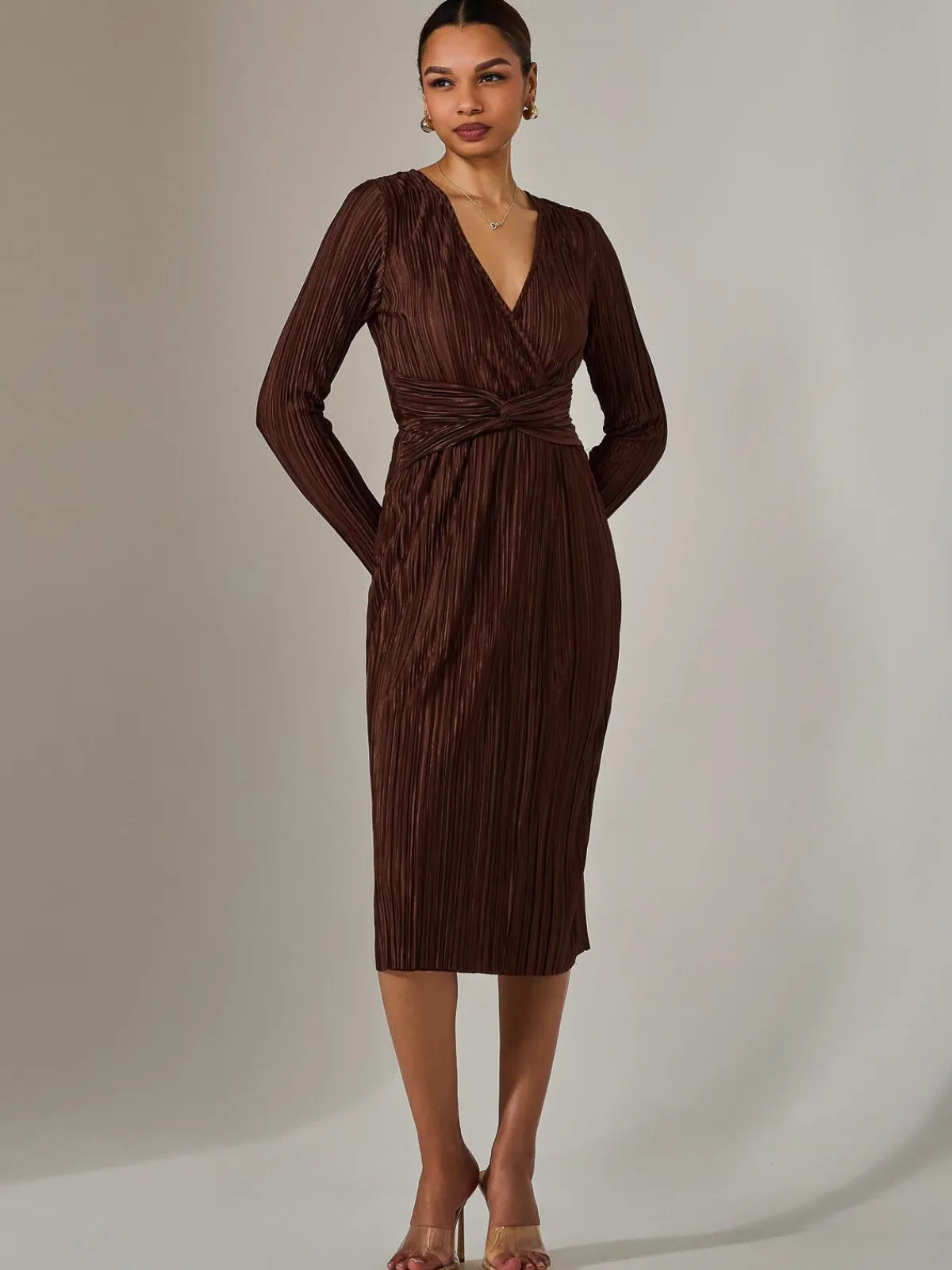 Jolie Moi Occasion Dresses|Midi Dresses-Plisse Long Sleeve Midi Dress, Brown