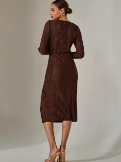 Jolie Moi Occasion Dresses|Midi Dresses-Plisse Long Sleeve Midi Dress, Brown