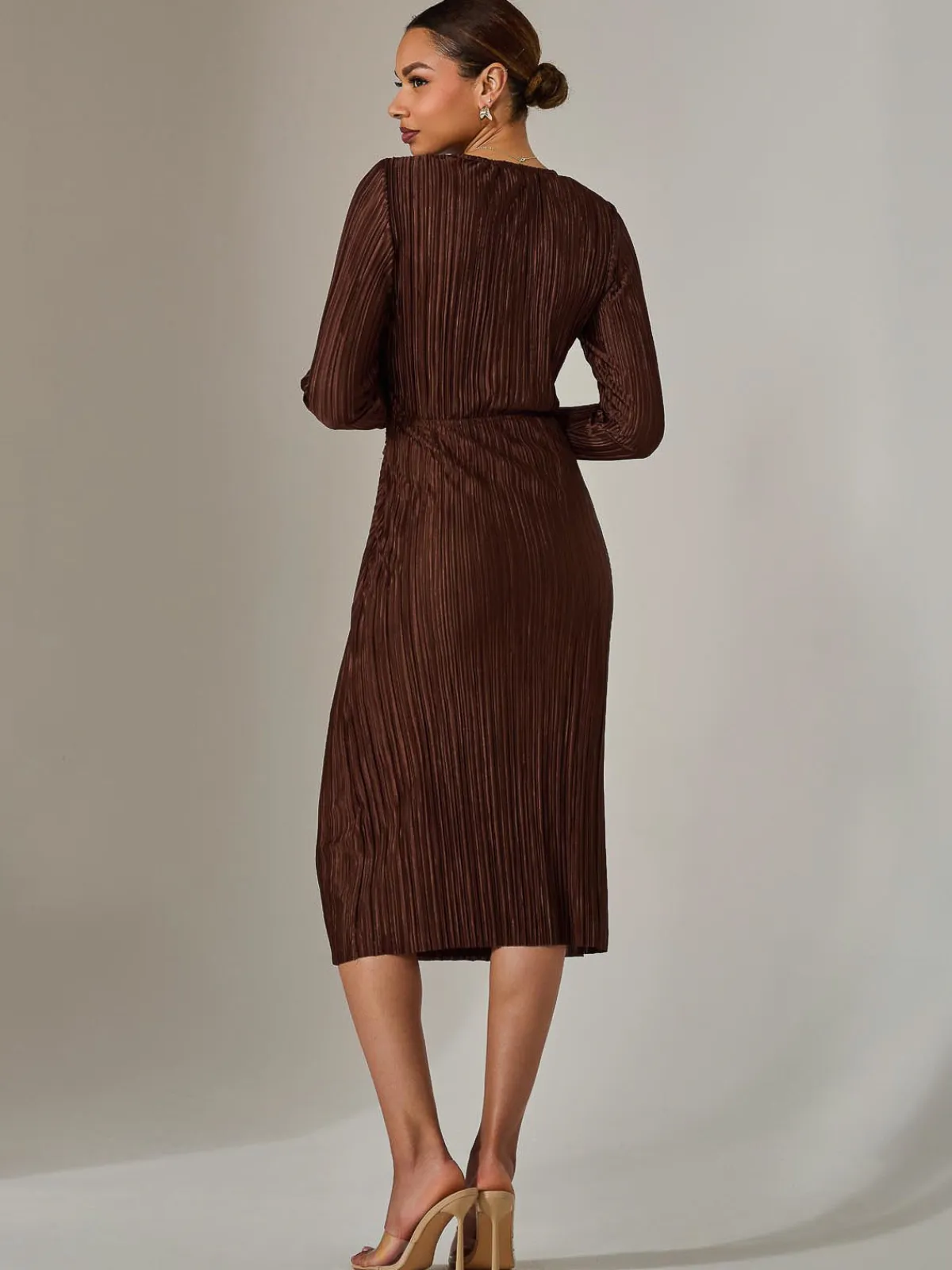 Jolie Moi Occasion Dresses|Midi Dresses-Plisse Long Sleeve Midi Dress, Brown