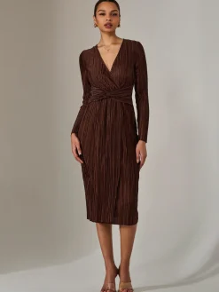 Jolie Moi Occasion Dresses|Midi Dresses-Plisse Long Sleeve Midi Dress, Brown