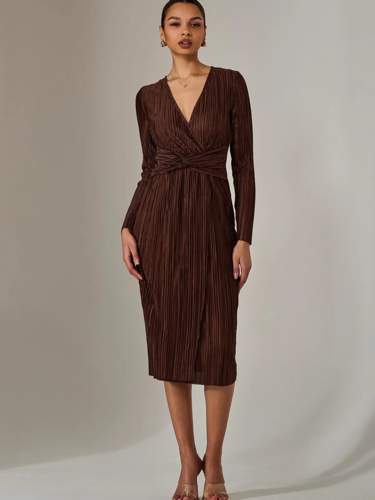 Jolie Moi Occasion Dresses|Midi Dresses-Plisse Long Sleeve Midi Dress, Brown