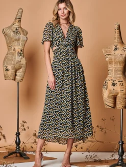 Jolie Moi Occasion Dresses|Maxi Dresses-Plunge Neckline Keyhole Chiffon Maxi Dress, Black Multi