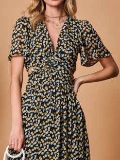 Jolie Moi Occasion Dresses|Maxi Dresses-Plunge Neckline Keyhole Chiffon Maxi Dress, Black Multi