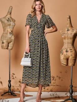 Jolie Moi Occasion Dresses|Maxi Dresses-Plunge Neckline Keyhole Chiffon Maxi Dress, Black Multi