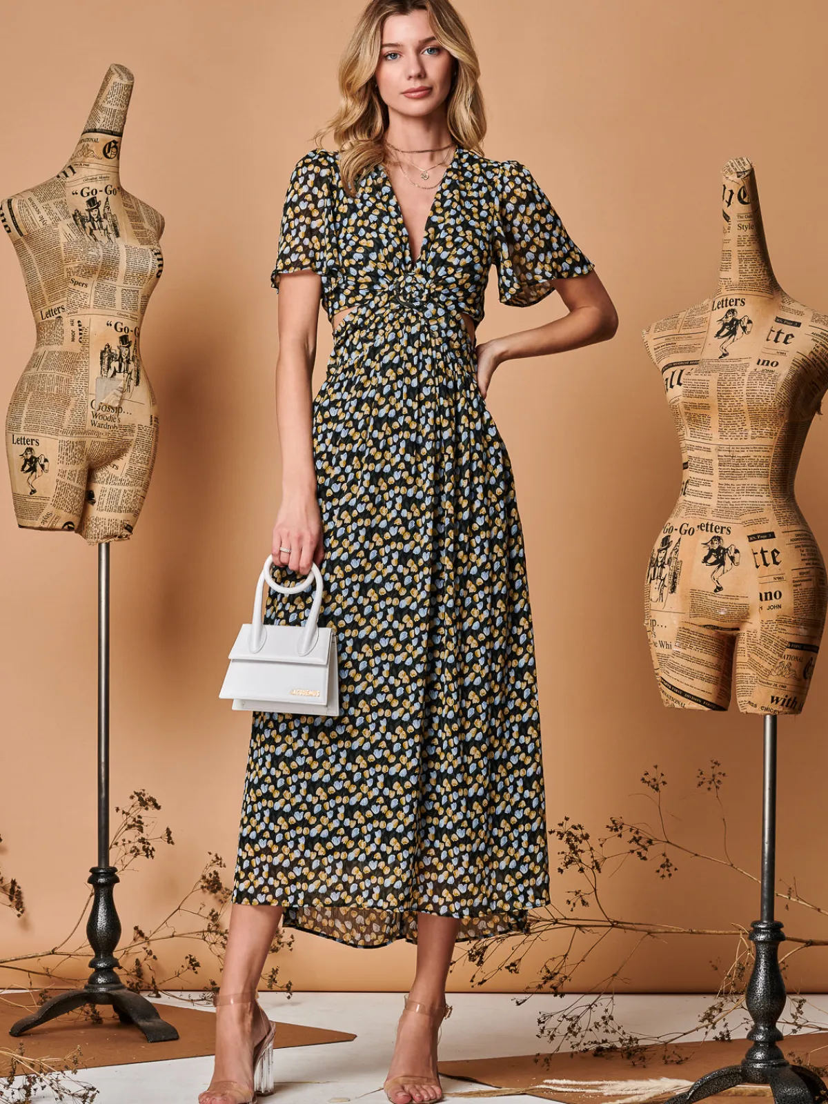 Jolie Moi Occasion Dresses|Maxi Dresses-Plunge Neckline Keyhole Chiffon Maxi Dress, Black Multi