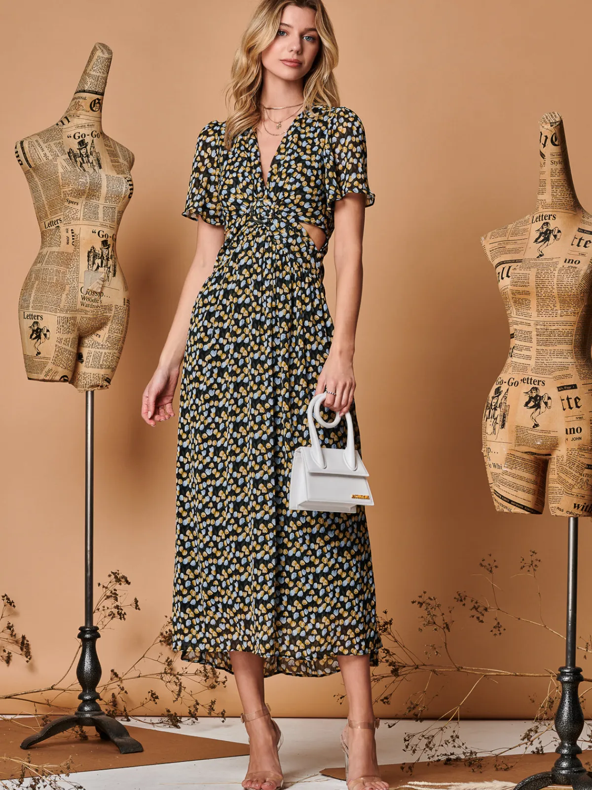 Jolie Moi Occasion Dresses|Maxi Dresses-Plunge Neckline Keyhole Chiffon Maxi Dress, Black Multi