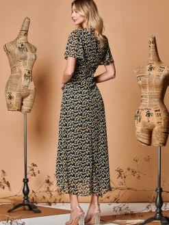 Jolie Moi Occasion Dresses|Maxi Dresses-Plunge Neckline Keyhole Chiffon Maxi Dress, Black Multi