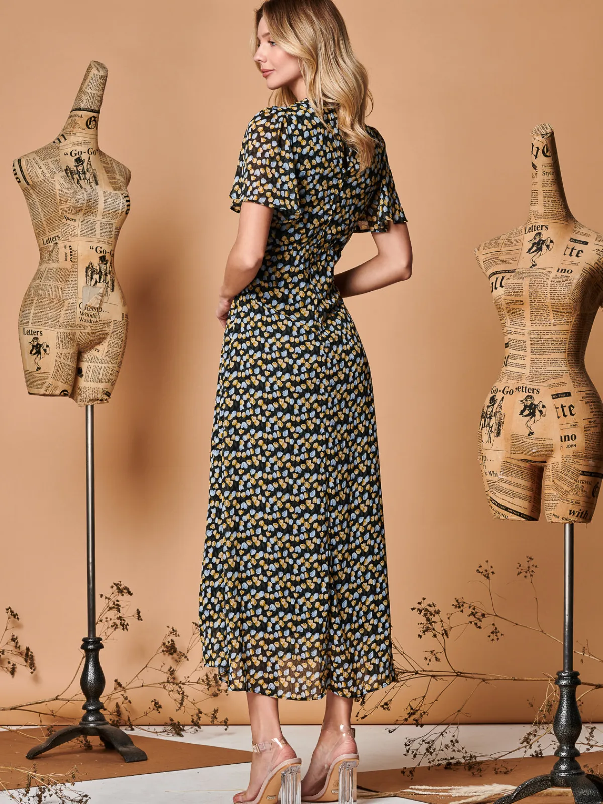 Jolie Moi Occasion Dresses|Maxi Dresses-Plunge Neckline Keyhole Chiffon Maxi Dress, Black Multi