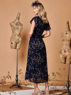 Jolie Moi Maxi Dresses-Plunge Neckline Keyhole Chiffon Maxi Dress, Navy Feather