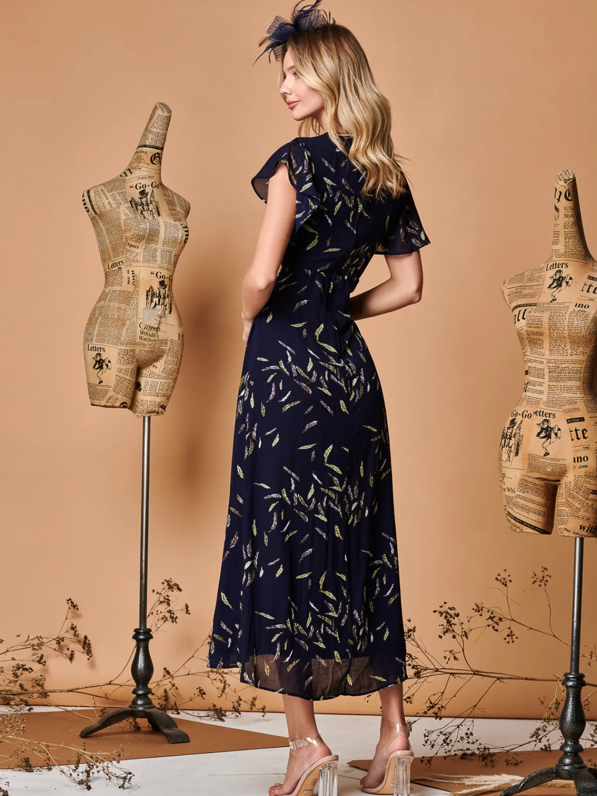 Jolie Moi Maxi Dresses-Plunge Neckline Keyhole Chiffon Maxi Dress, Navy Feather