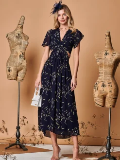 Jolie Moi Maxi Dresses-Plunge Neckline Keyhole Chiffon Maxi Dress, Navy Feather