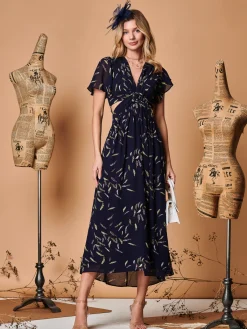 Jolie Moi Maxi Dresses-Plunge Neckline Keyhole Chiffon Maxi Dress, Navy Feather