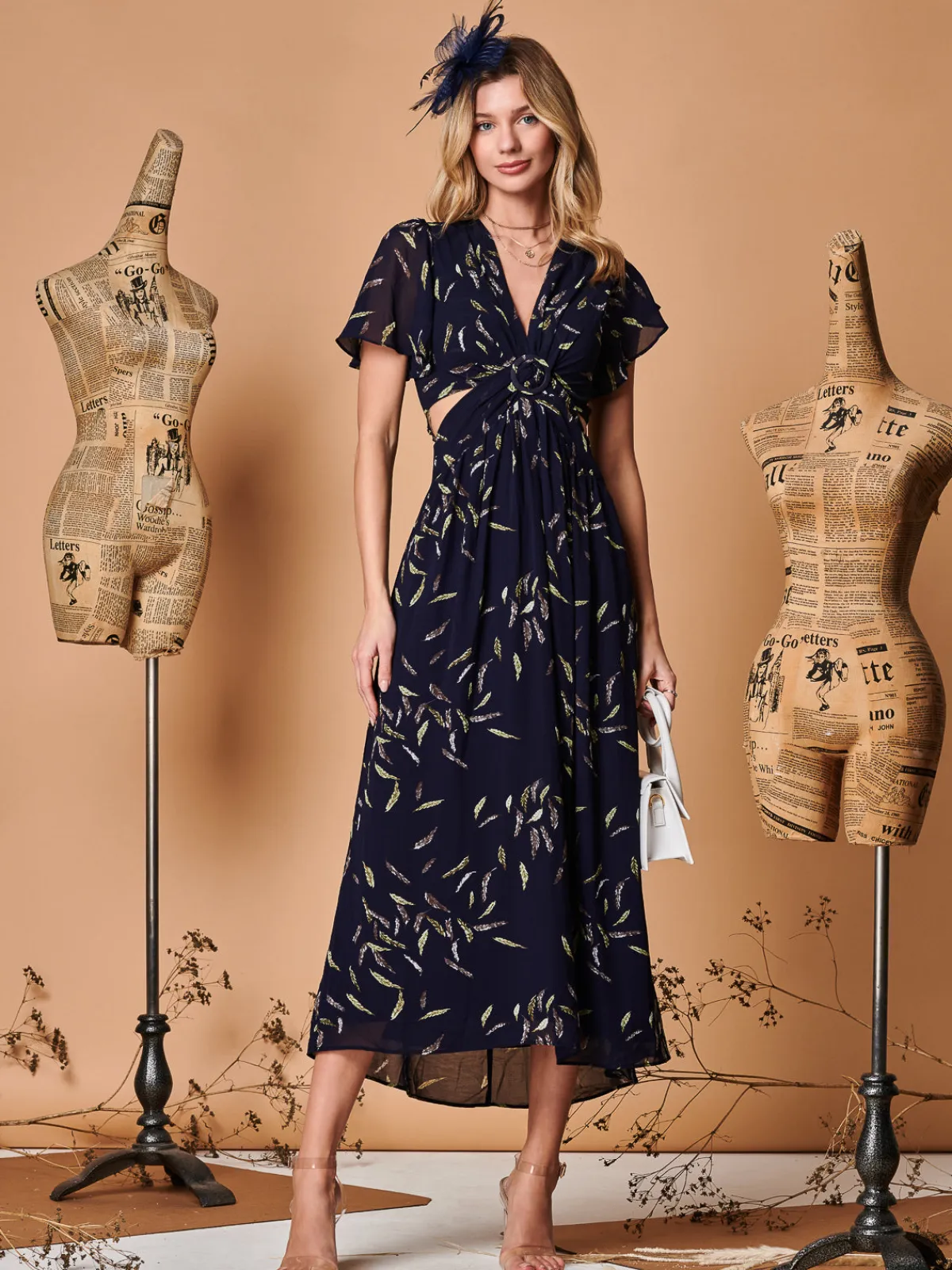 Jolie Moi Maxi Dresses-Plunge Neckline Keyhole Chiffon Maxi Dress, Navy Feather