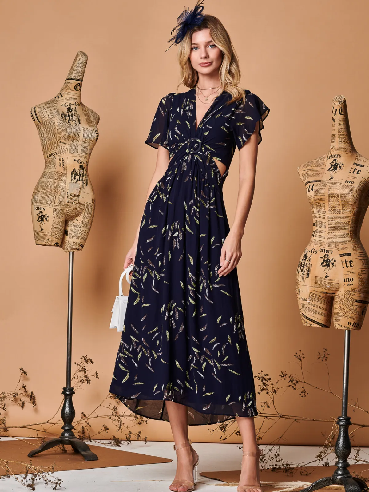 Jolie Moi Maxi Dresses-Plunge Neckline Keyhole Chiffon Maxi Dress, Navy Feather