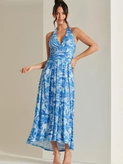 Jolie Moi Occasion Dresses|Jersey Dresses-Plunge Neck Shirred Back Maxi Dress, Blue